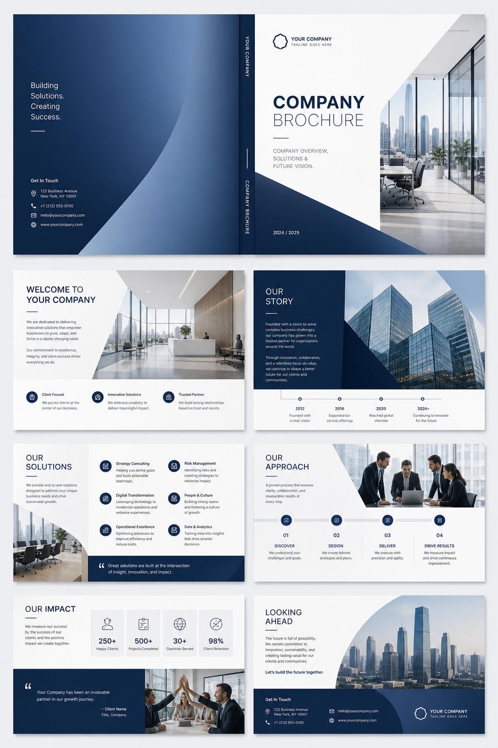 Company Brochure — modern style brochure cover, featuring corporate office, abstract gradient, navy and white palette