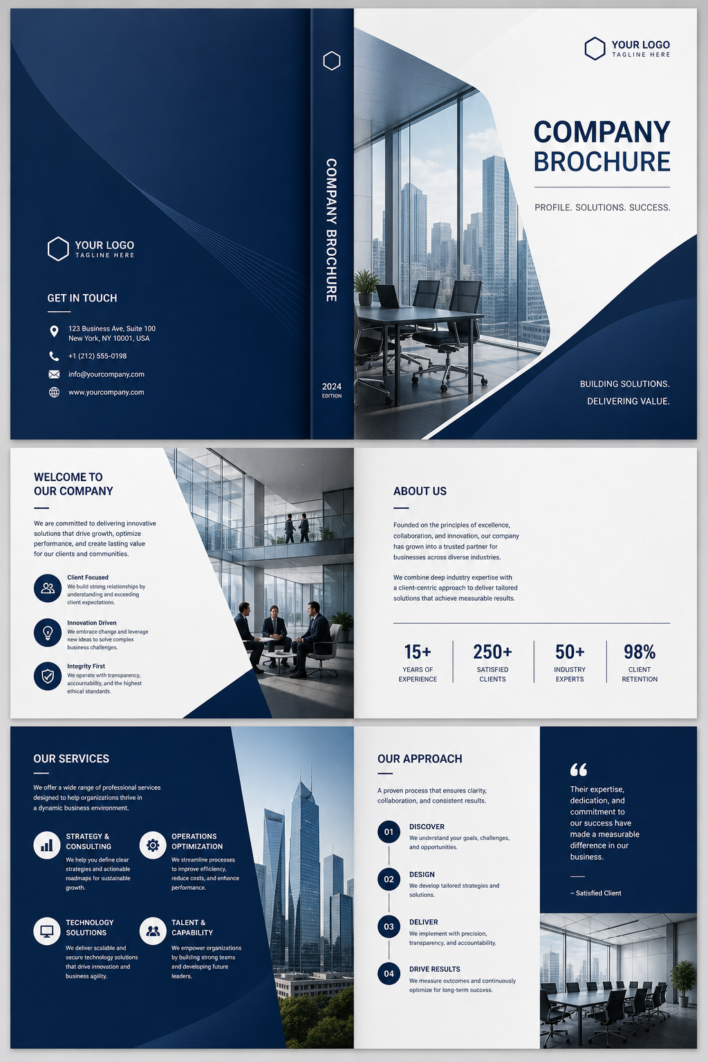 Company Brochure — corporate style brochure cover, featuring corporate office, abstract gradient, navy and white palette
