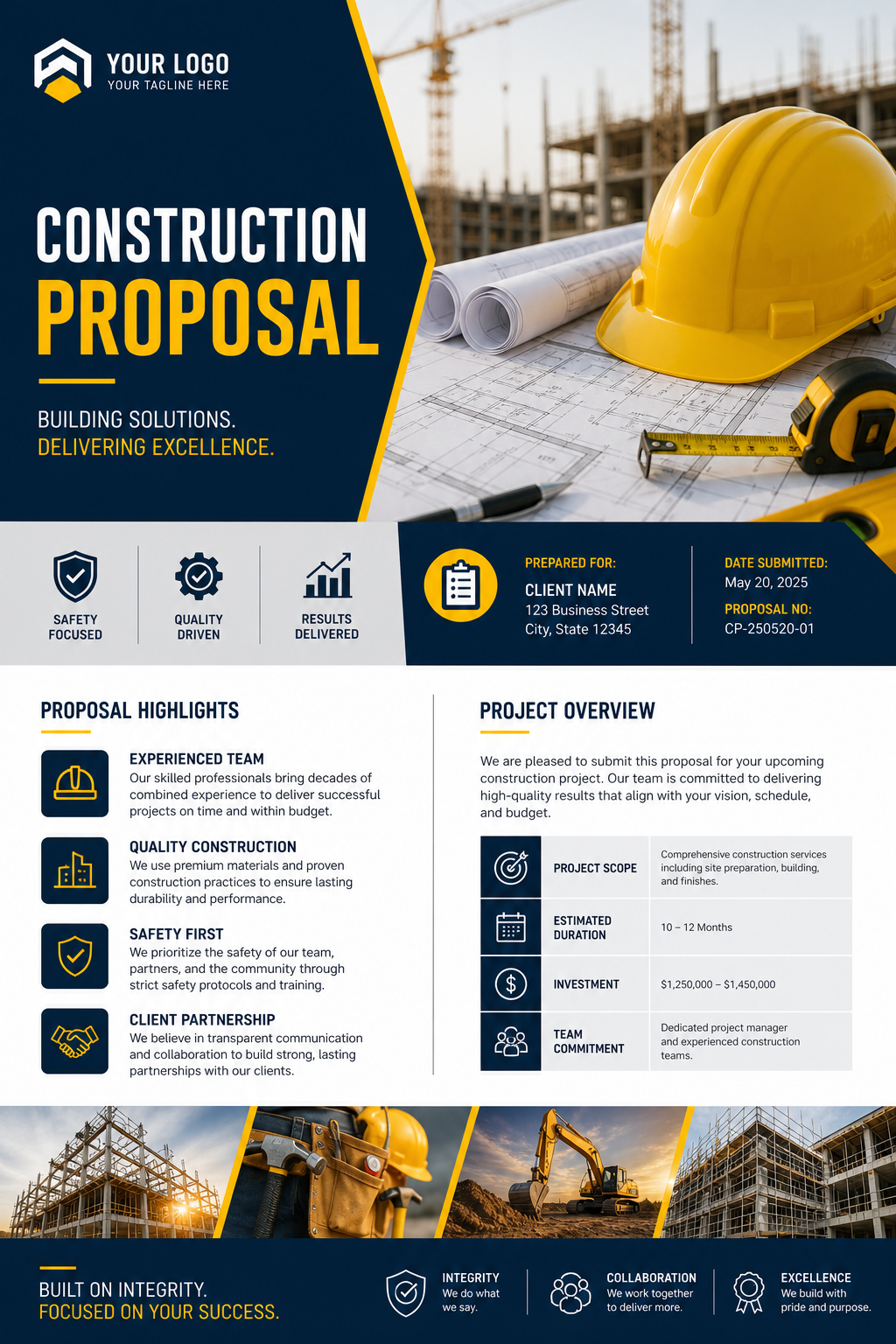 Construction Proposal — corporate style brochure cover, featuring hard hat, blueprints, construction tools, yellow and black safety palette