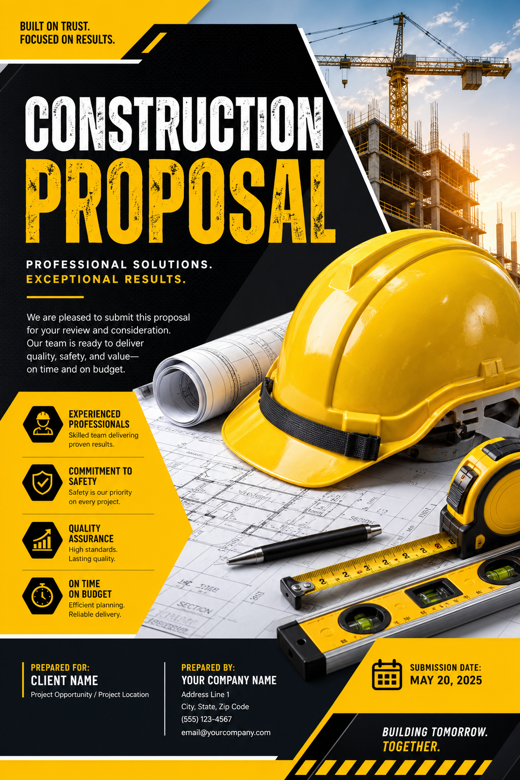 Construction Proposal — vibrant style brochure cover, featuring hard hat, blueprints, construction tools, yellow and black safety palette