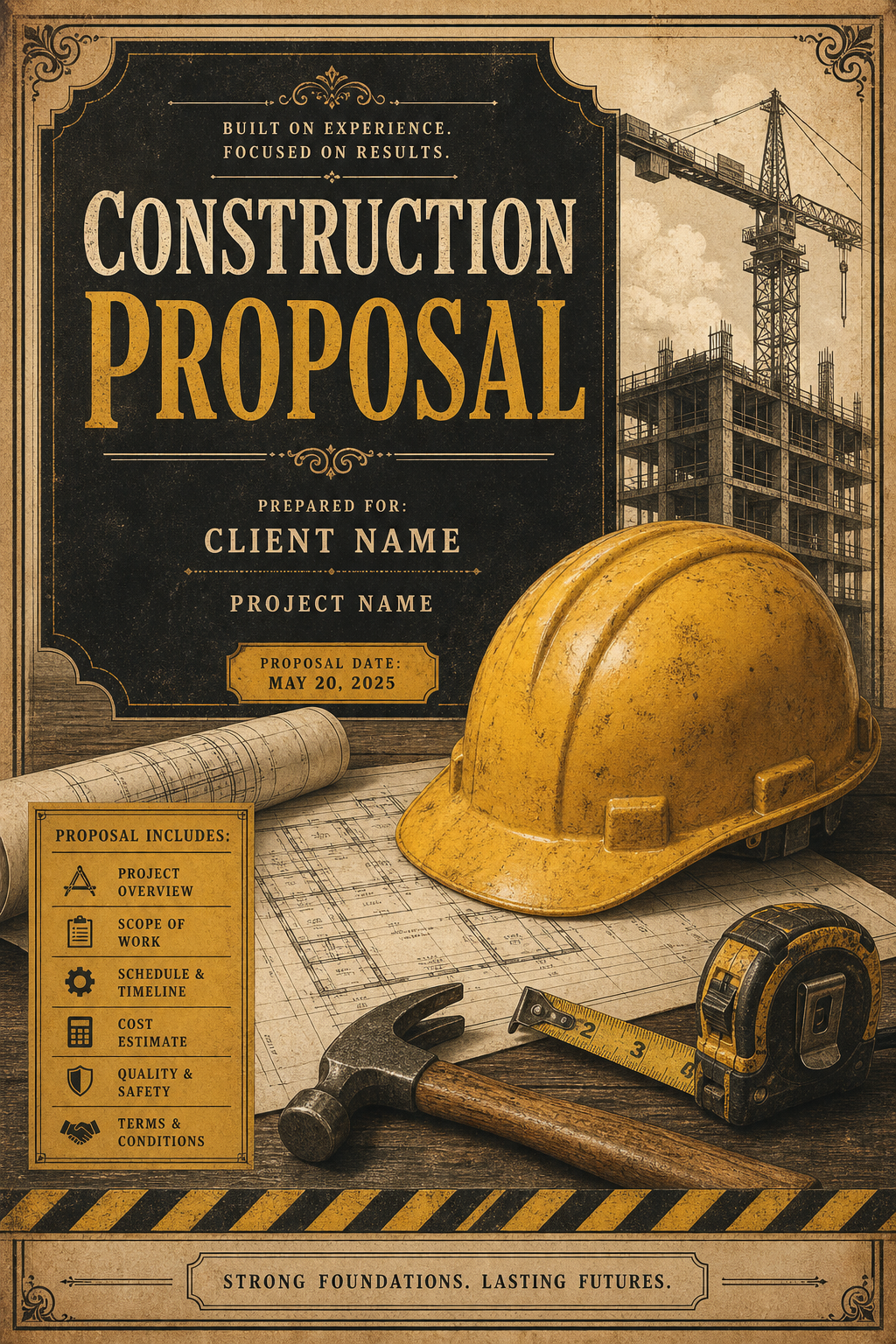 Construction Proposal — vintage style brochure cover, featuring hard hat, blueprints, construction tools, yellow and black safety palette
