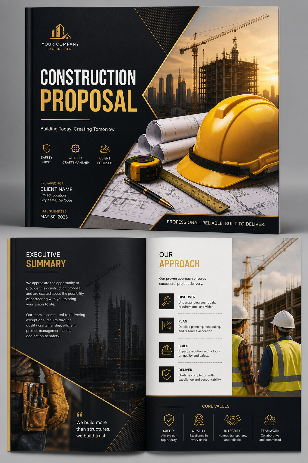 Construction Proposal — elegant style brochure cover, featuring hard hat, blueprints, construction tools, yellow and black safety palette