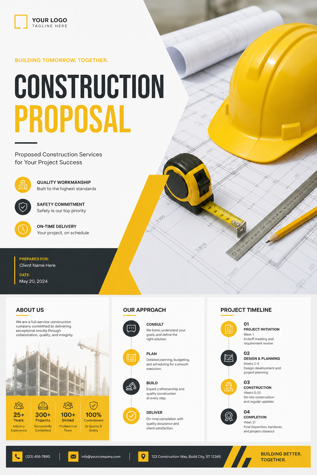 Construction Proposal — modern style brochure cover, featuring hard hat, blueprints, construction tools, yellow and black safety palette