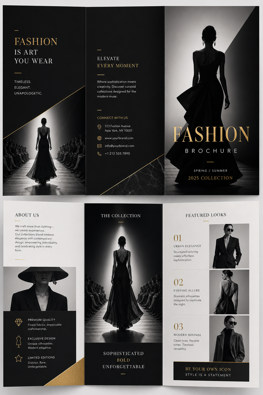 Fashion Brochure — elegant style brochure cover, featuring model silhouette, runway, minimal modern aesthetic, monochrome with bold accent