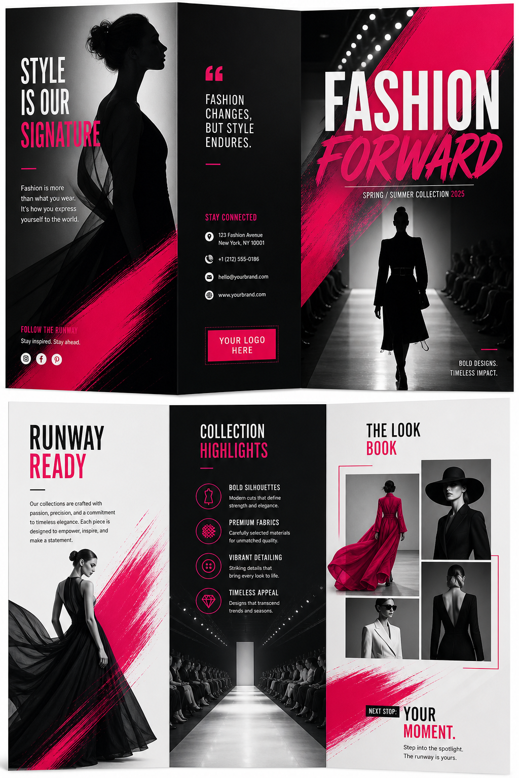 Fashion Brochure — vibrant style brochure cover, featuring model silhouette, runway, minimal modern aesthetic, monochrome with bold accent