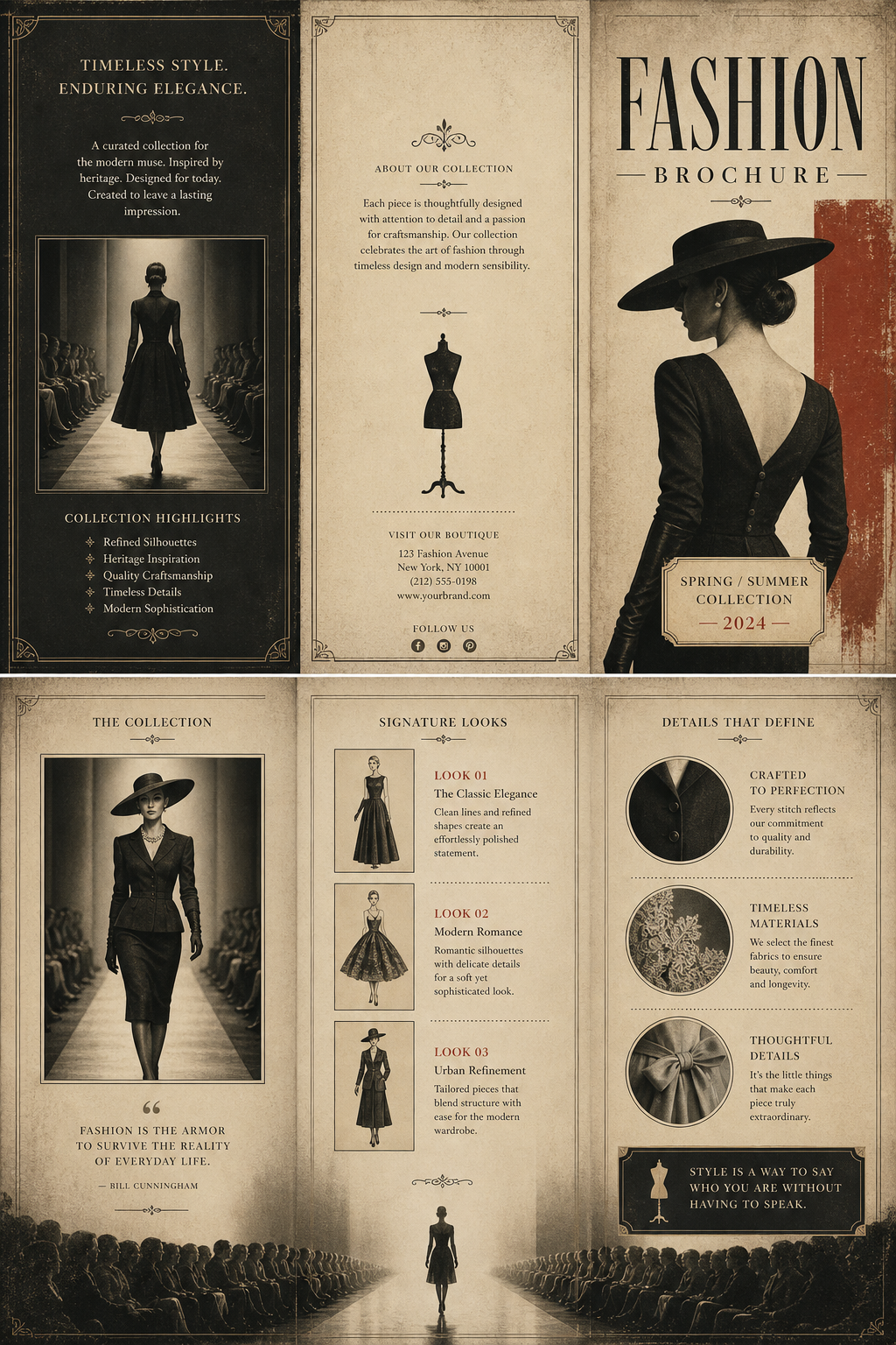 Fashion Brochure — vintage style brochure cover, featuring model silhouette, runway, minimal modern aesthetic, monochrome with bold accent