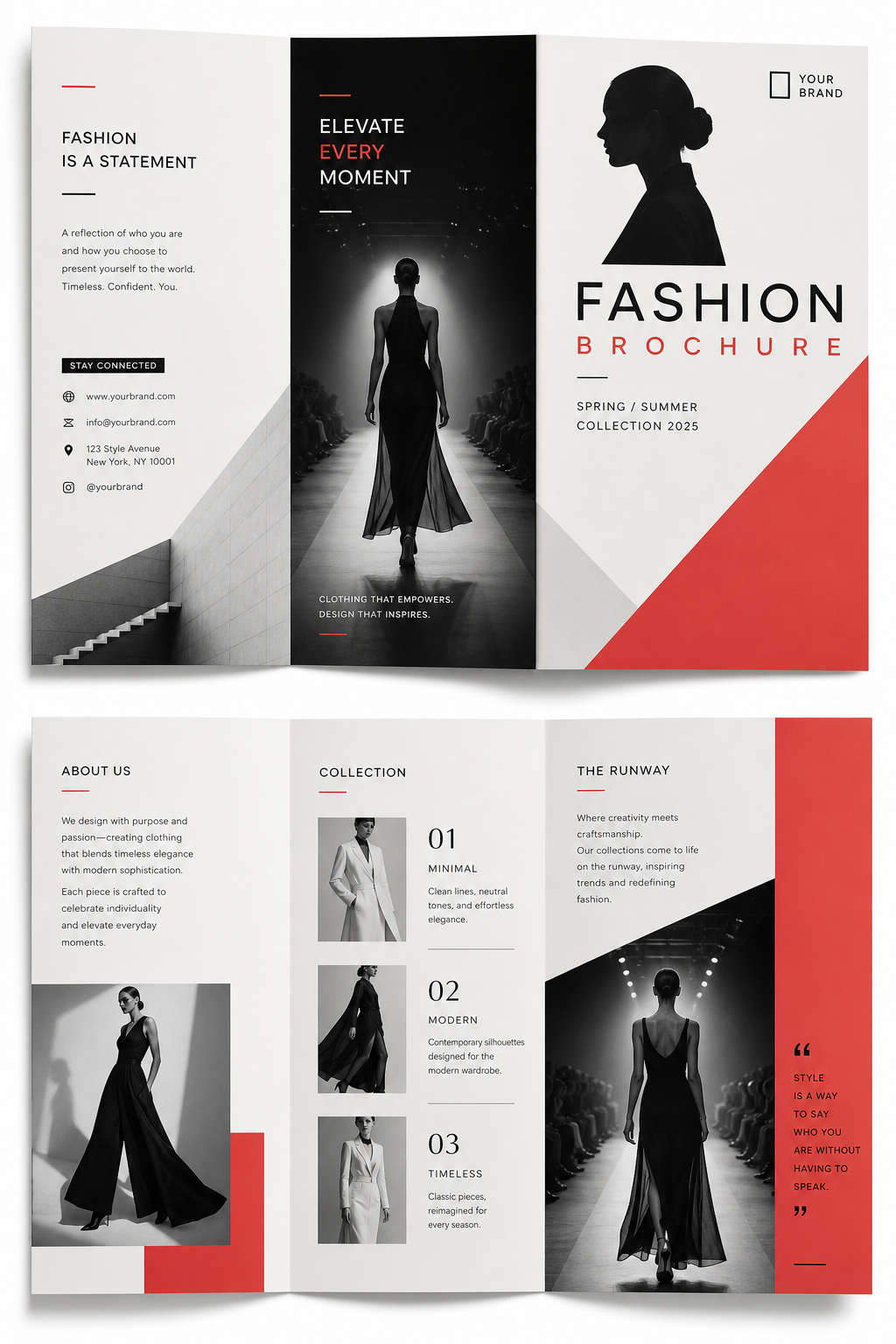 Fashion Brochure — modern style brochure cover, featuring model silhouette, runway, minimal modern aesthetic, monochrome with bold accent