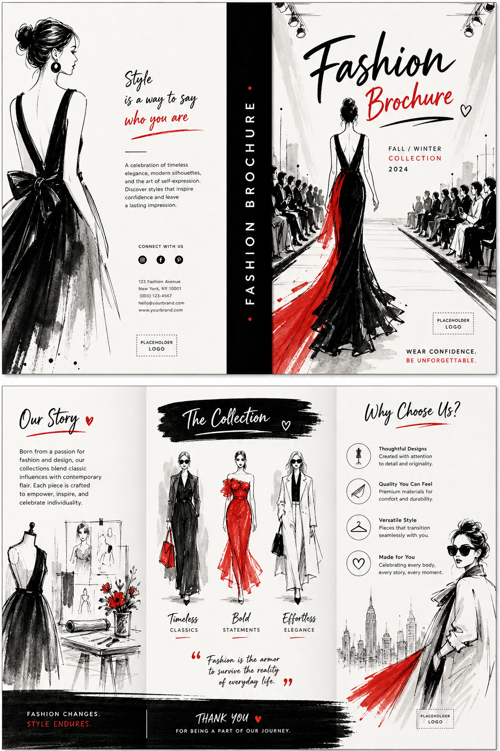 Fashion Brochure — illustration style brochure cover, featuring model silhouette, runway, minimal modern aesthetic, monochrome with bold accent
