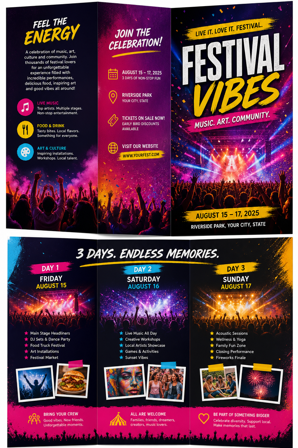 Festival Brochure — vibrant style brochure cover, featuring crowd cheering, stage lights, vibrant celebration imagery