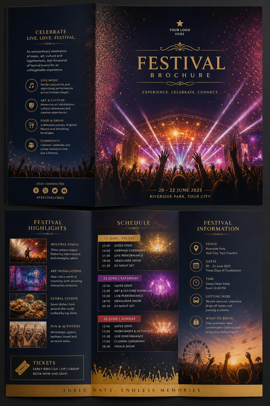 Festival Brochure — elegant style brochure cover, featuring crowd cheering, stage lights, vibrant celebration imagery