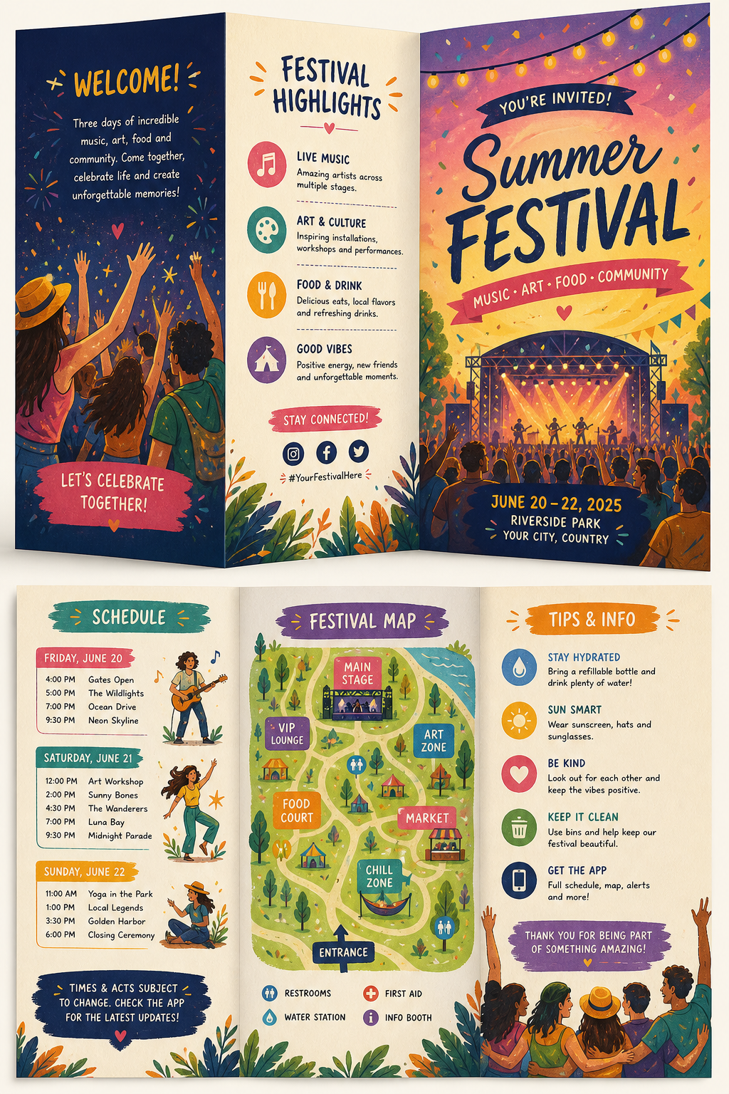 Festival Brochure — illustration style brochure cover, featuring crowd cheering, stage lights, vibrant celebration imagery