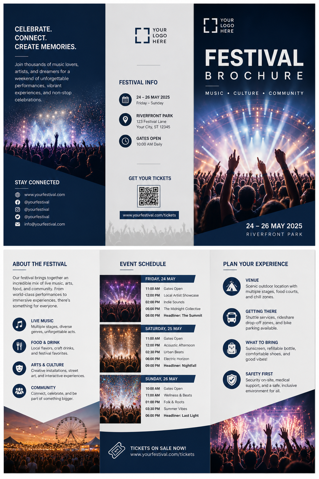 Festival Brochure — corporate style brochure cover, featuring crowd cheering, stage lights, vibrant celebration imagery