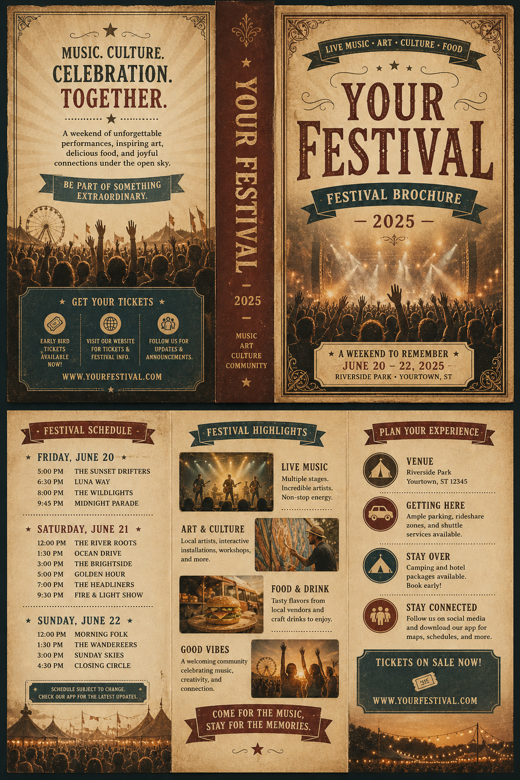 Festival Brochure — vintage style brochure cover, featuring crowd cheering, stage lights, vibrant celebration imagery