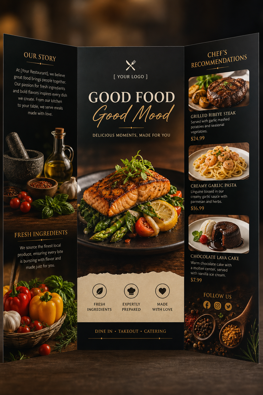 Food Brochure — photo-realistic style brochure cover, featuring gourmet dish photography, fresh ingredients, warm appetizing tones