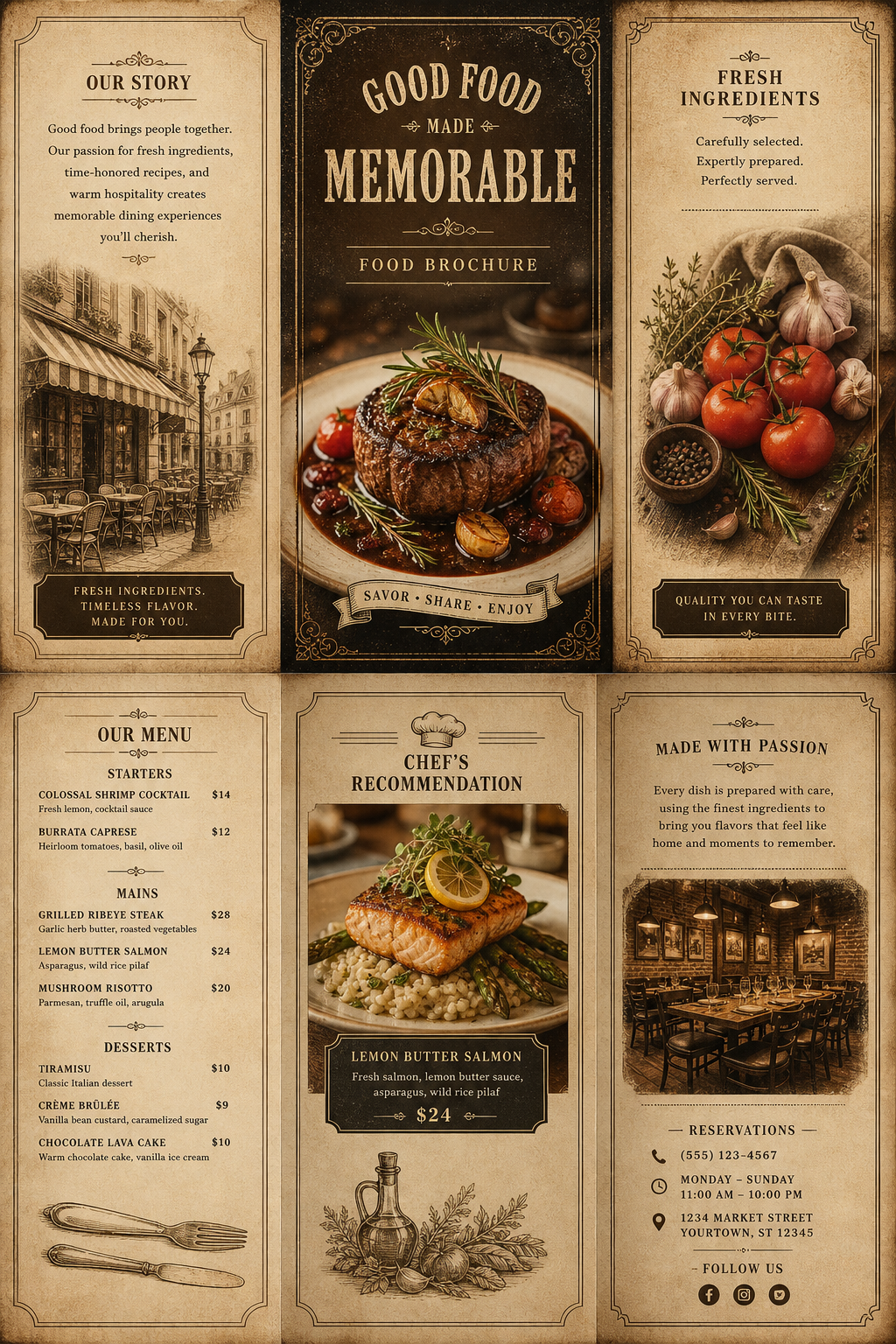 Food Brochure — vintage style brochure cover, featuring gourmet dish photography, fresh ingredients, warm appetizing tones