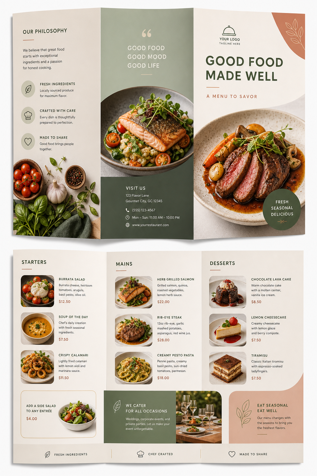 Food Brochure — modern style brochure cover, featuring gourmet dish photography, fresh ingredients, warm appetizing tones