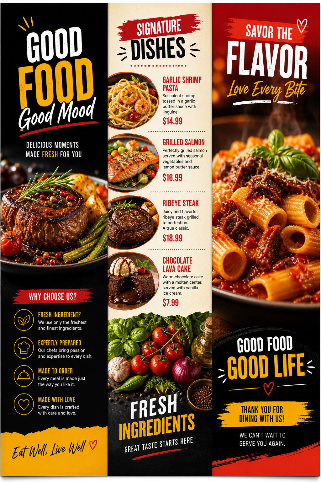 Food Brochure — vibrant style brochure cover, featuring gourmet dish photography, fresh ingredients, warm appetizing tones