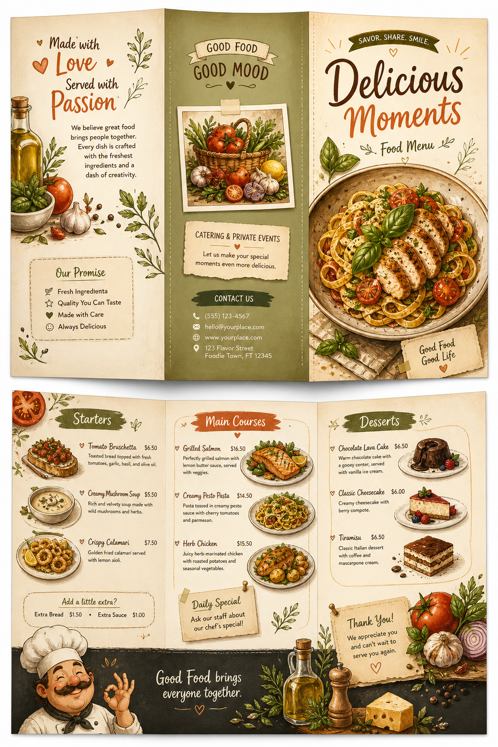 Food Brochure — illustration style brochure cover, featuring gourmet dish photography, fresh ingredients, warm appetizing tones
