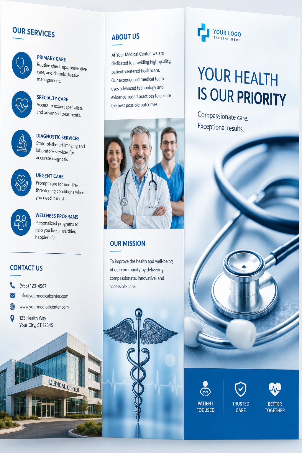 Medical Brochure — photo-realistic style brochure cover, featuring caduceus, stethoscope, clean white/blue palette, healthcare imagery