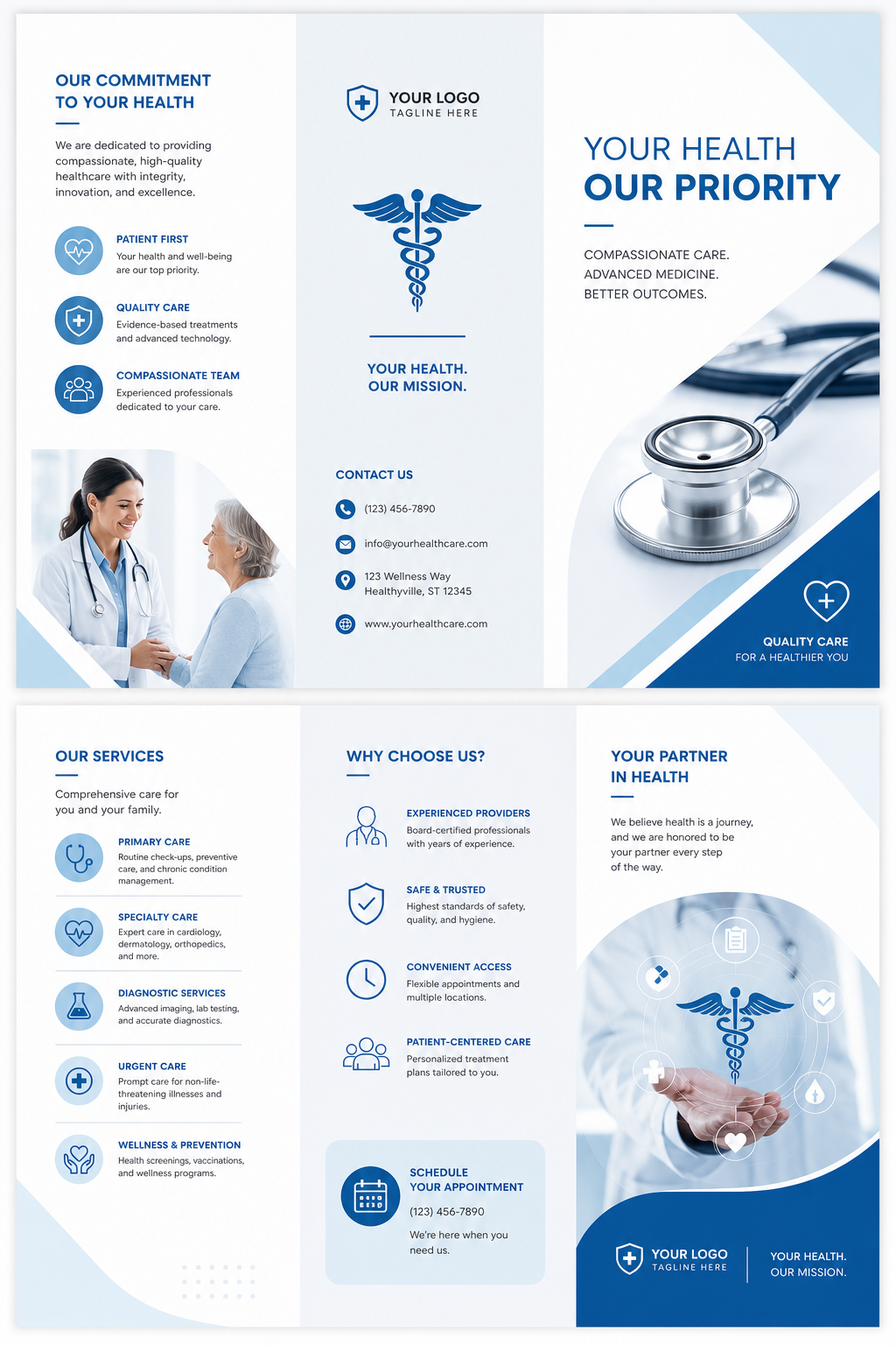Medical Brochure — modern style brochure cover, featuring caduceus, stethoscope, clean white/blue palette, healthcare imagery