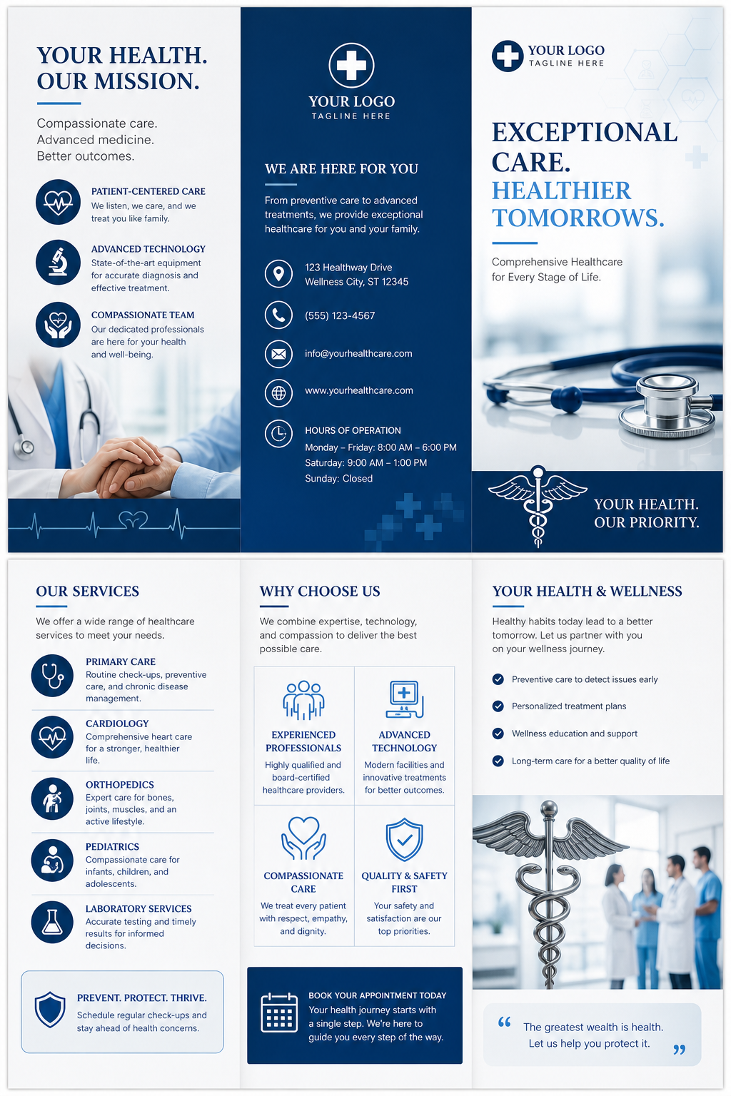 Medical Brochure — corporate style brochure cover, featuring caduceus, stethoscope, clean white/blue palette, healthcare imagery