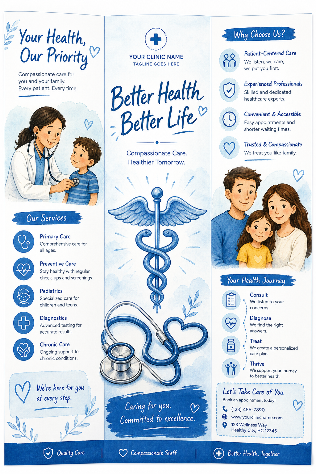 Medical Brochure — illustration style brochure cover, featuring caduceus, stethoscope, clean white/blue palette, healthcare imagery