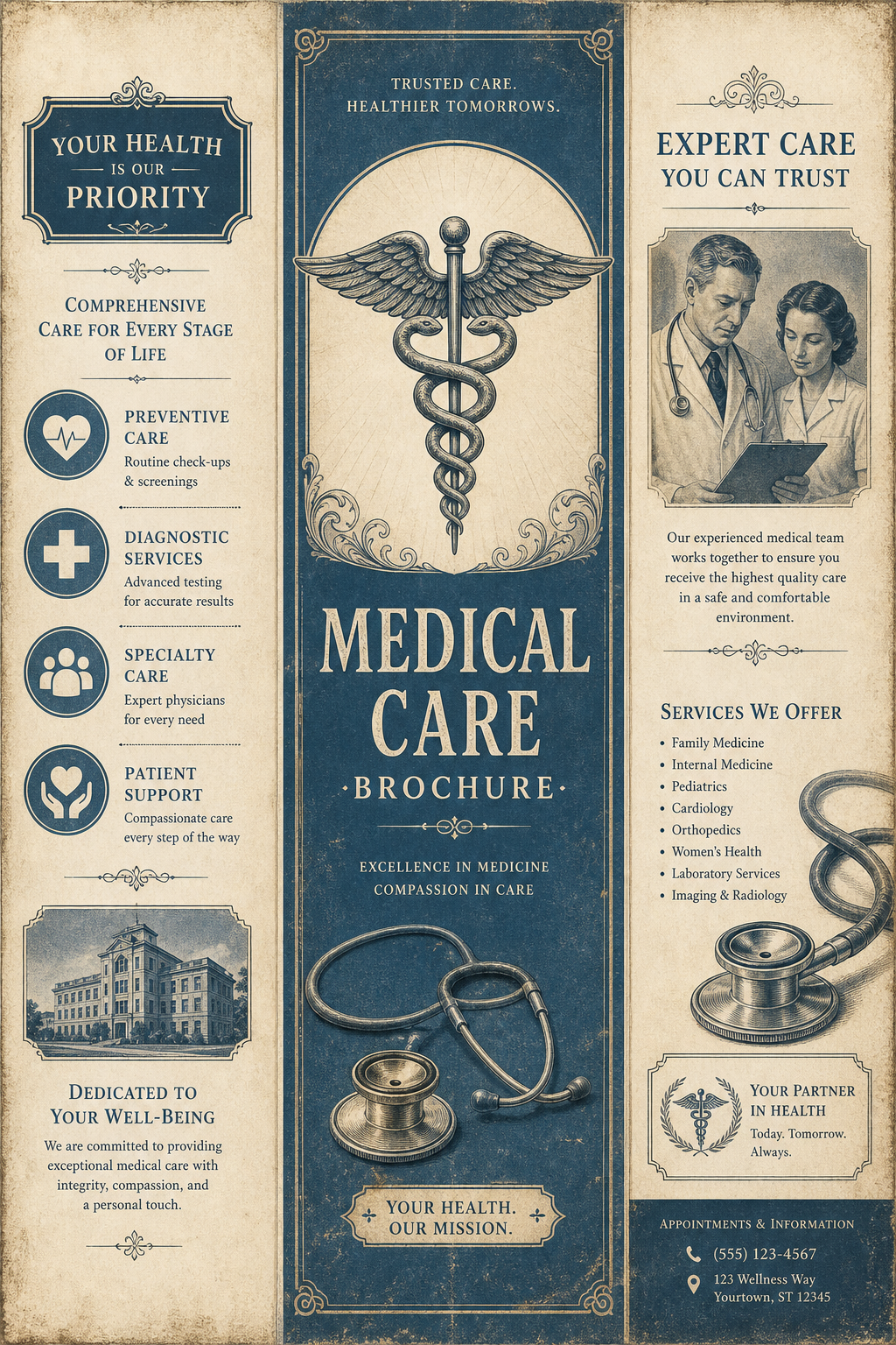 Medical Brochure — vintage style brochure cover, featuring caduceus, stethoscope, clean white/blue palette, healthcare imagery