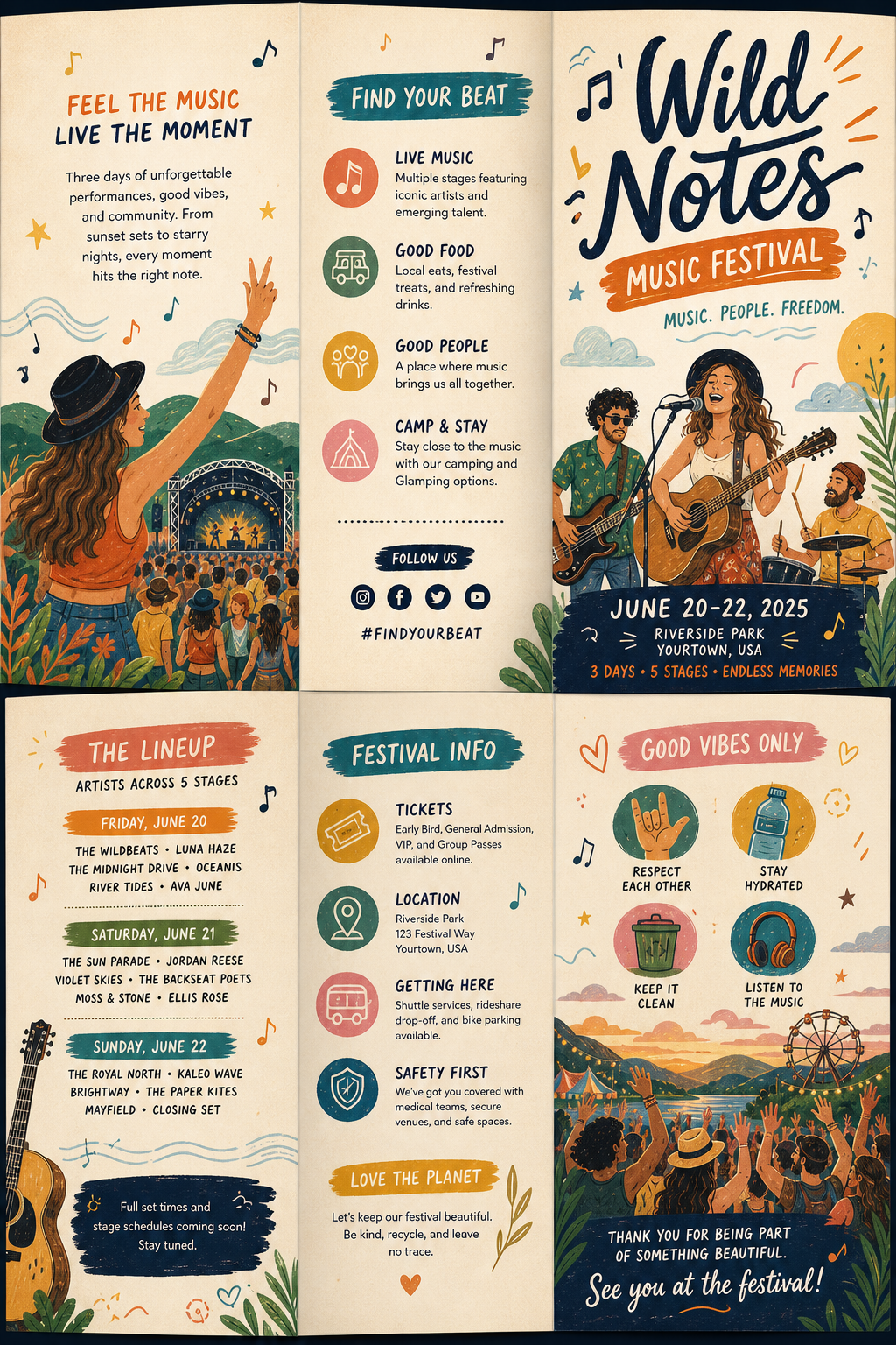 Musicfestival Brochure — illustration style brochure cover, featuring musical notes, instruments, sound waves, performance imagery