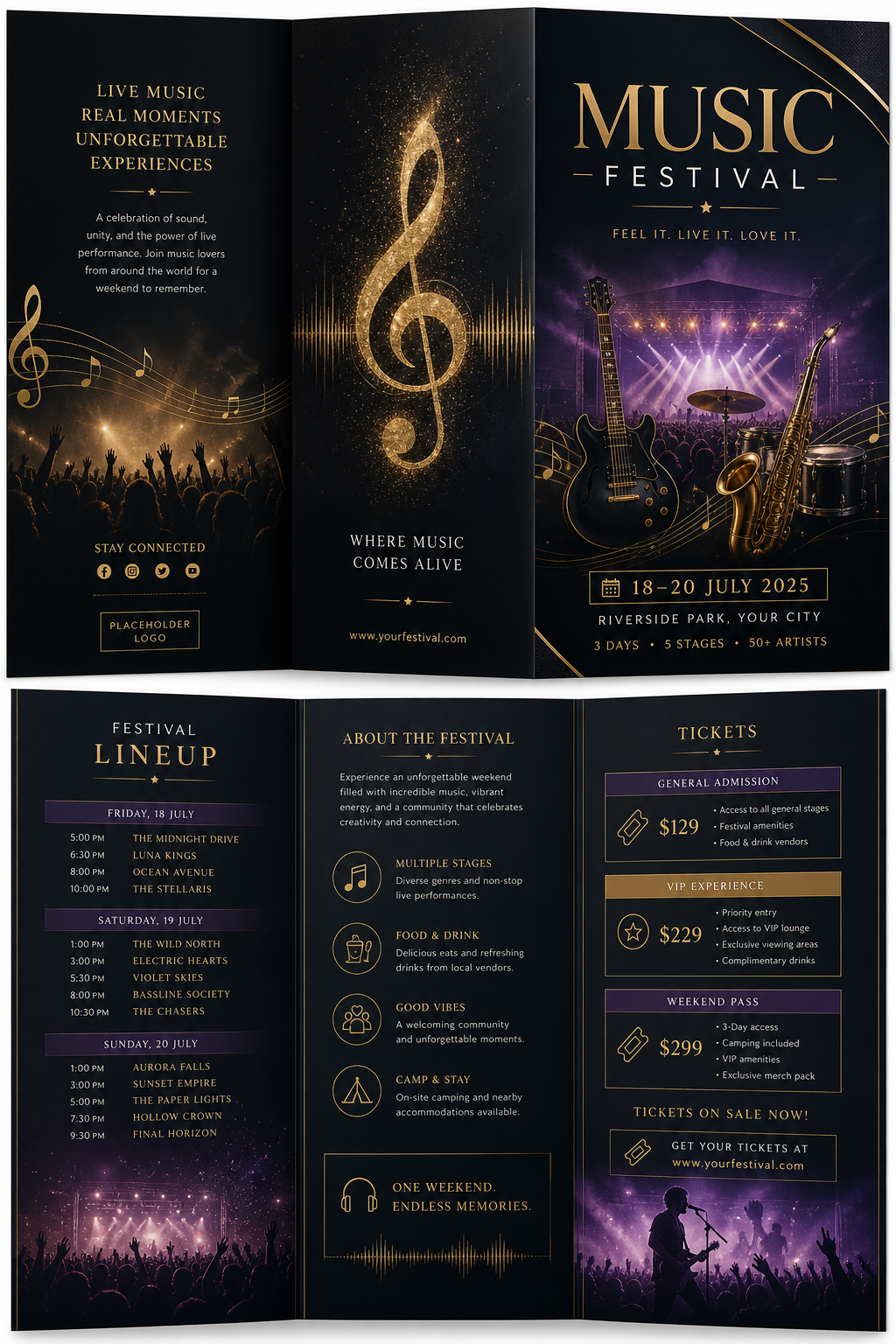 Musicfestival Brochure — elegant style brochure cover, featuring musical notes, instruments, sound waves, performance imagery