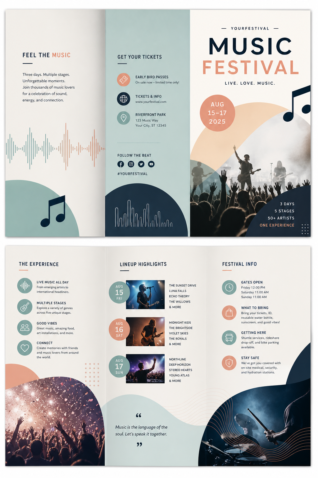 Musicfestival Brochure — modern style brochure cover, featuring musical notes, instruments, sound waves, performance imagery