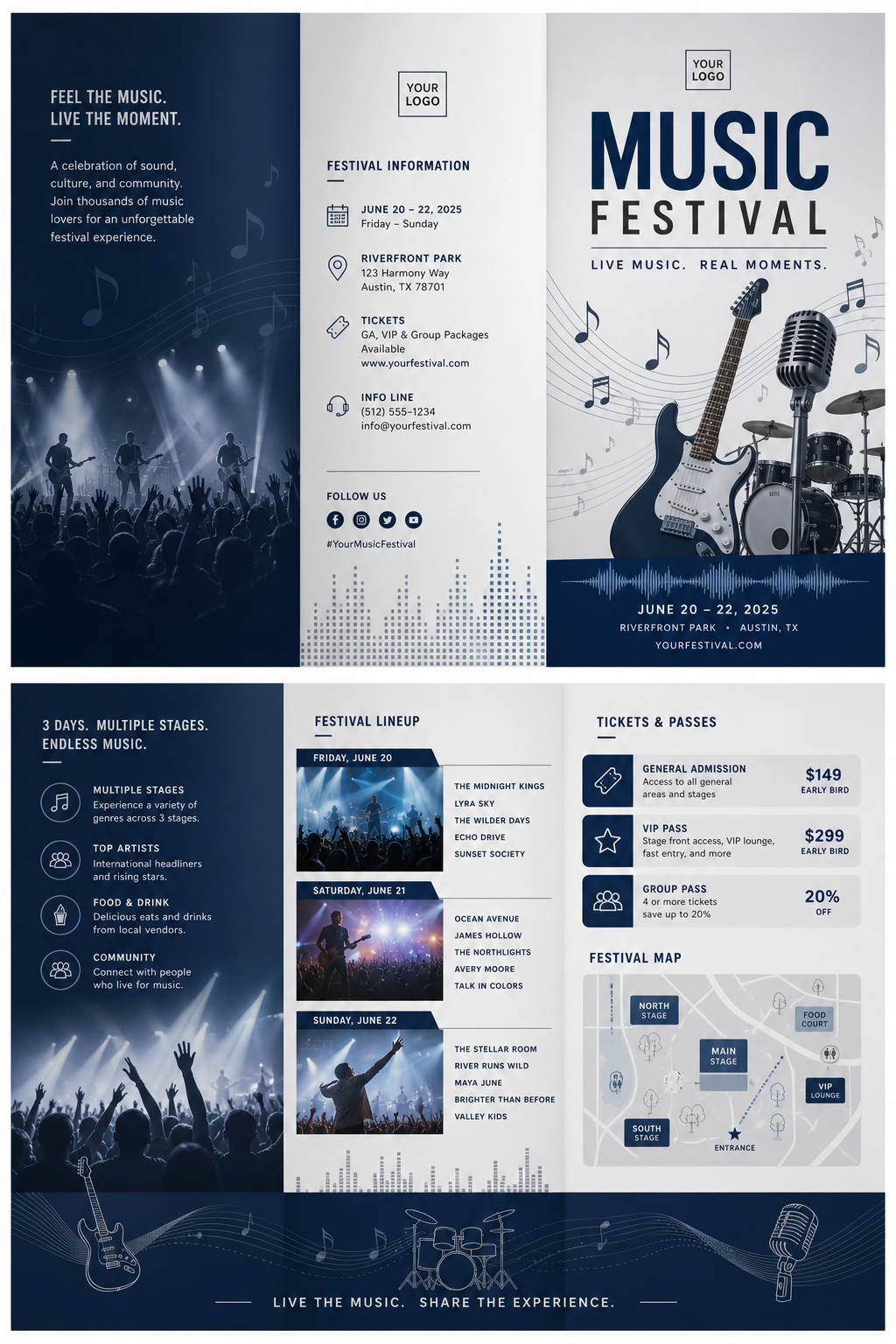 Musicfestival Brochure — corporate style brochure cover, featuring musical notes, instruments, sound waves, performance imagery