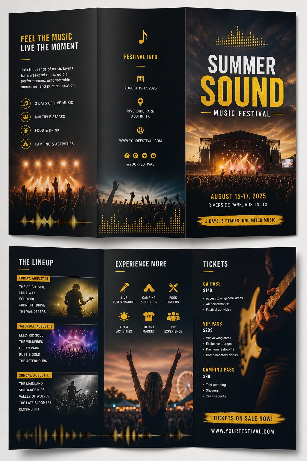 Musicfestival Brochure — photo-realistic style brochure cover, featuring musical notes, instruments, sound waves, performance imagery