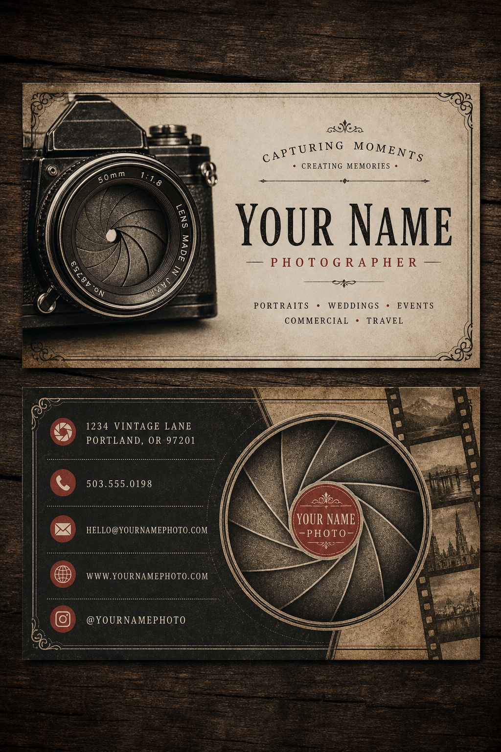 Photography Business Card — vintage style brochure cover, featuring camera, aperture iris, shutter, monochrome with one accent color