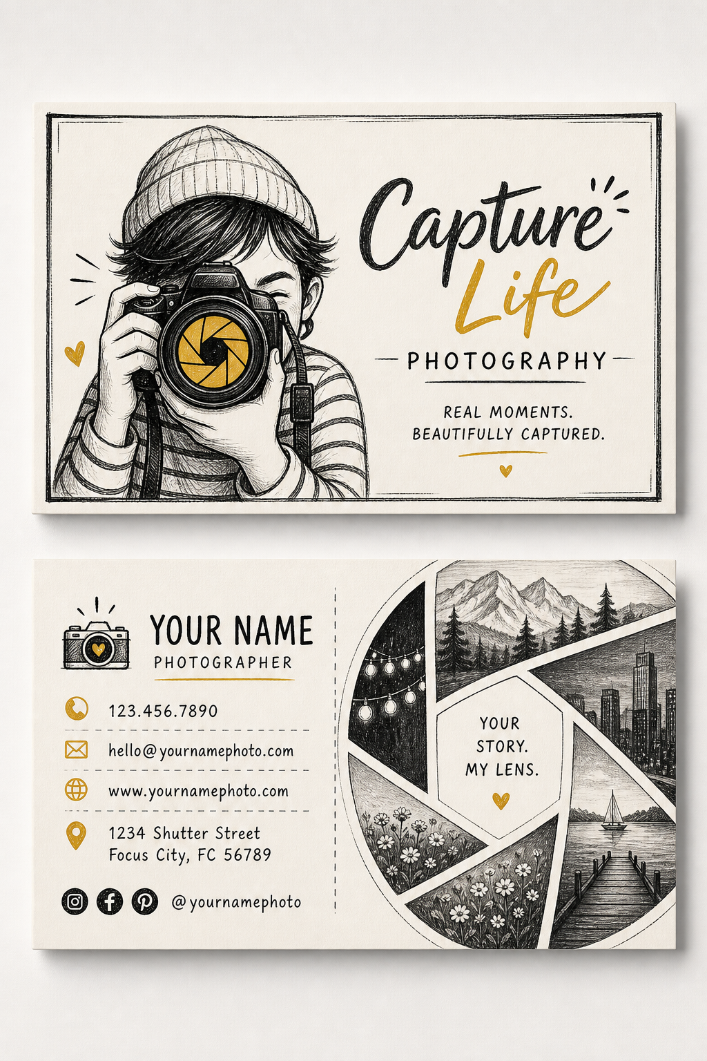 Photography Business Card — illustration style brochure cover, featuring camera, aperture iris, shutter, monochrome with one accent color