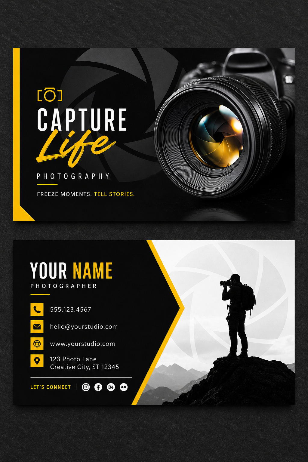 Photography Business Card — vibrant style brochure cover, featuring camera, aperture iris, shutter, monochrome with one accent color