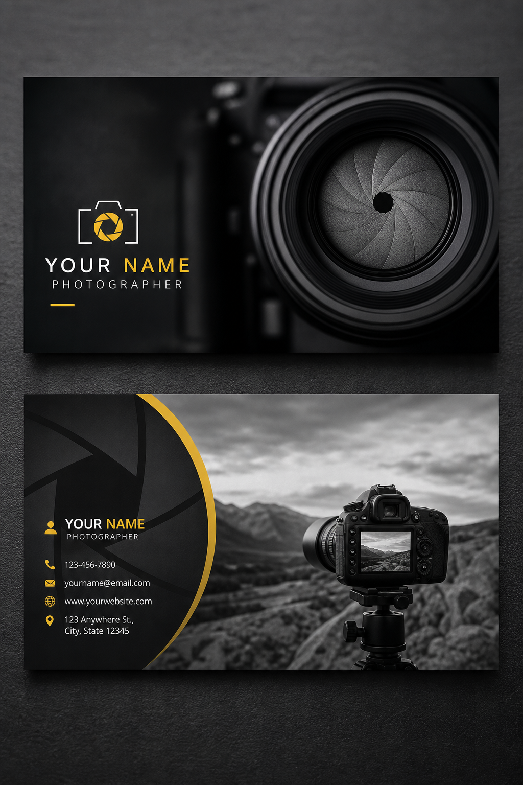 Photography Business Card — photo-realistic style brochure cover, featuring camera, aperture iris, shutter, monochrome with one accent color