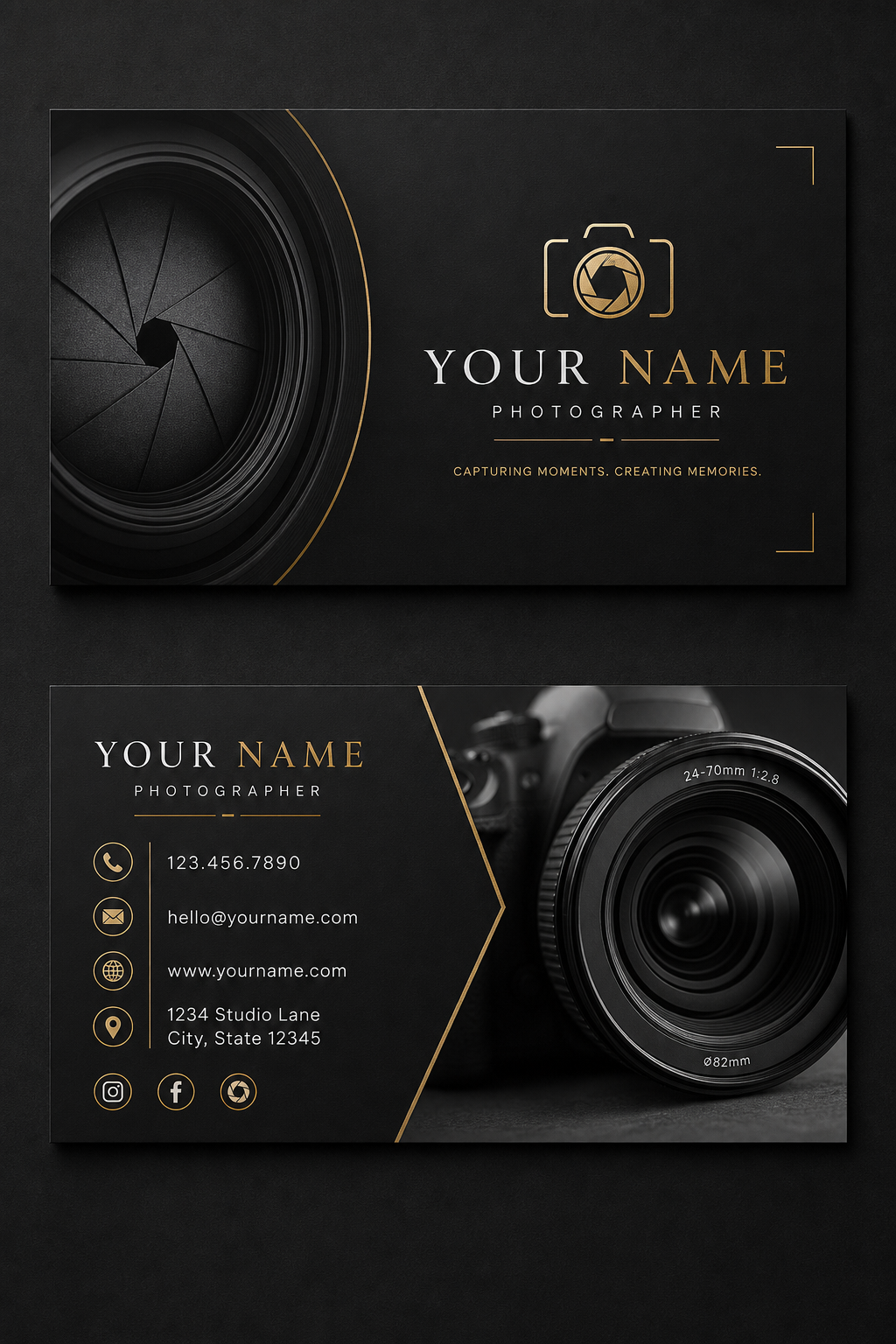 Photography Business Card — elegant style brochure cover, featuring camera, aperture iris, shutter, monochrome with one accent color