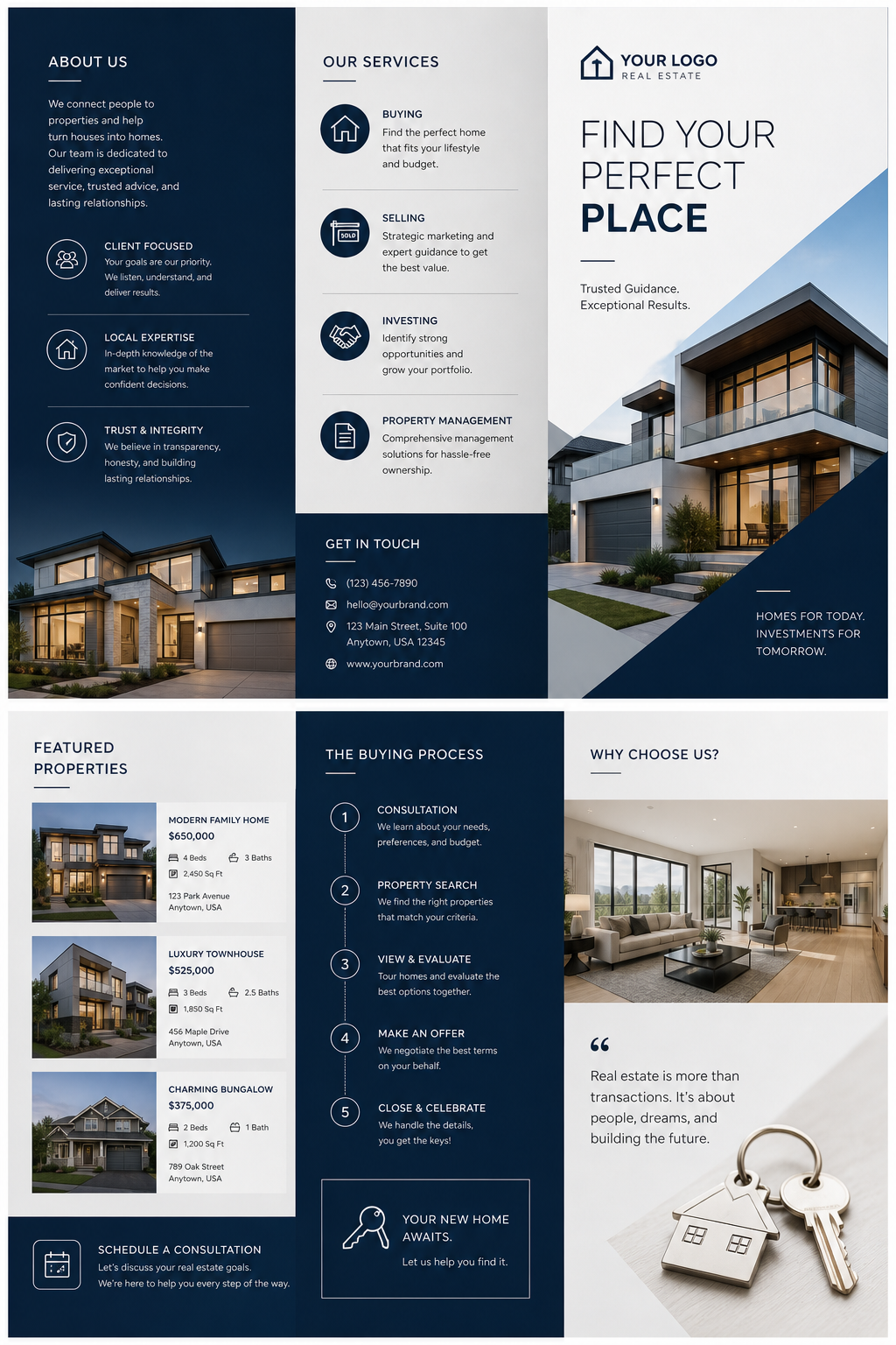 Realestate Brochure — modern style brochure cover, featuring houses, keys, modern architecture, navy and grey palette, professional