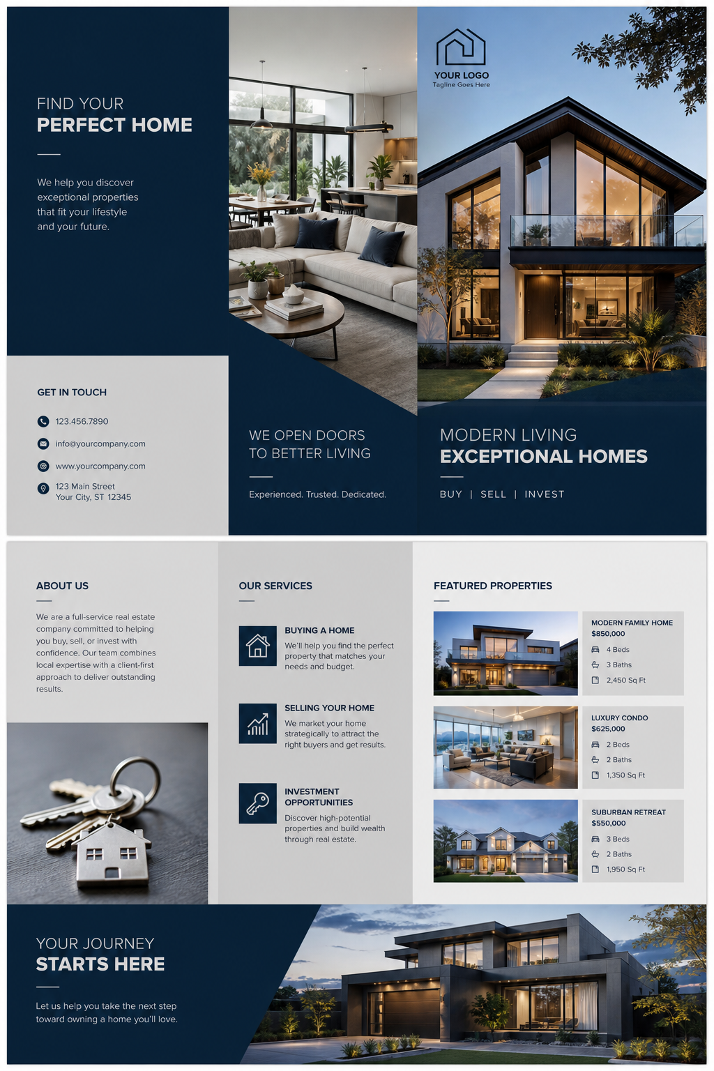 Realestate Brochure — photo-realistic style brochure cover, featuring houses, keys, modern architecture, navy and grey palette, professional