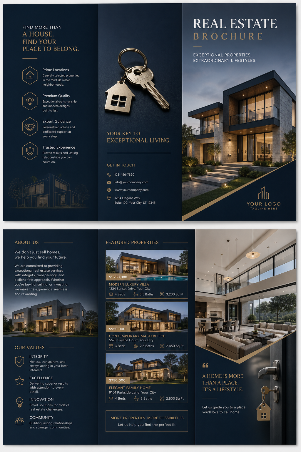 Realestate Brochure — elegant style brochure cover, featuring houses, keys, modern architecture, navy and grey palette, professional