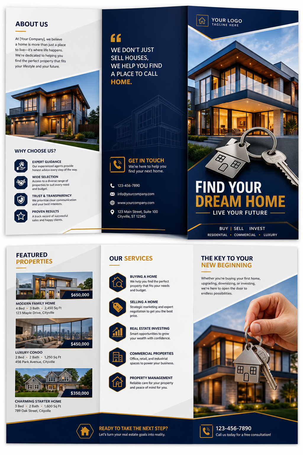 Realestate Brochure — vibrant style brochure cover, featuring houses, keys, modern architecture, navy and grey palette, professional