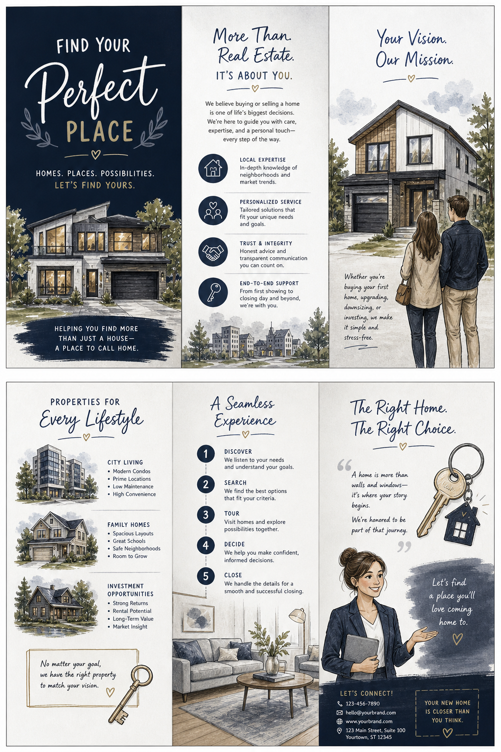 Realestate Brochure — illustration style brochure cover, featuring houses, keys, modern architecture, navy and grey palette, professional