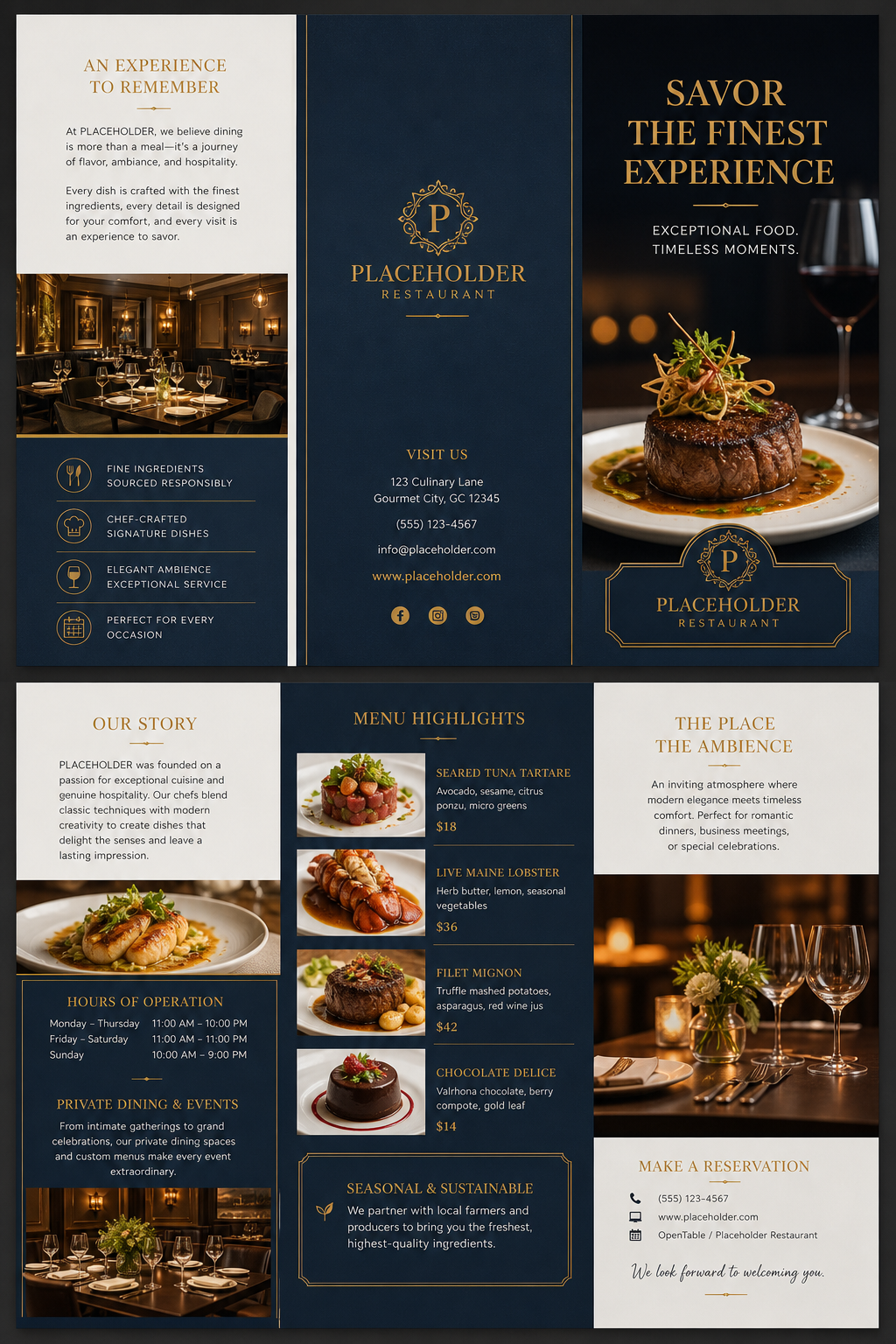 Restaurant Brochure — corporate style brochure cover, featuring culinary imagery, fine dining, elegant typography, warm gold tones