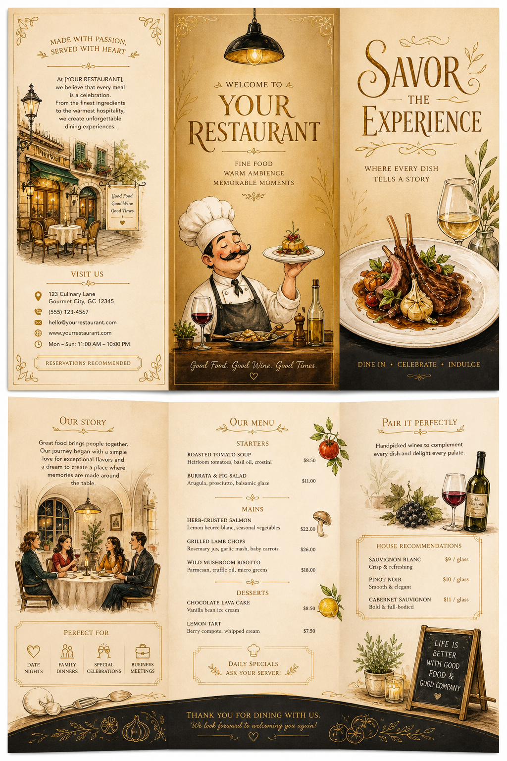 Restaurant Brochure — illustration style brochure cover, featuring culinary imagery, fine dining, elegant typography, warm gold tones