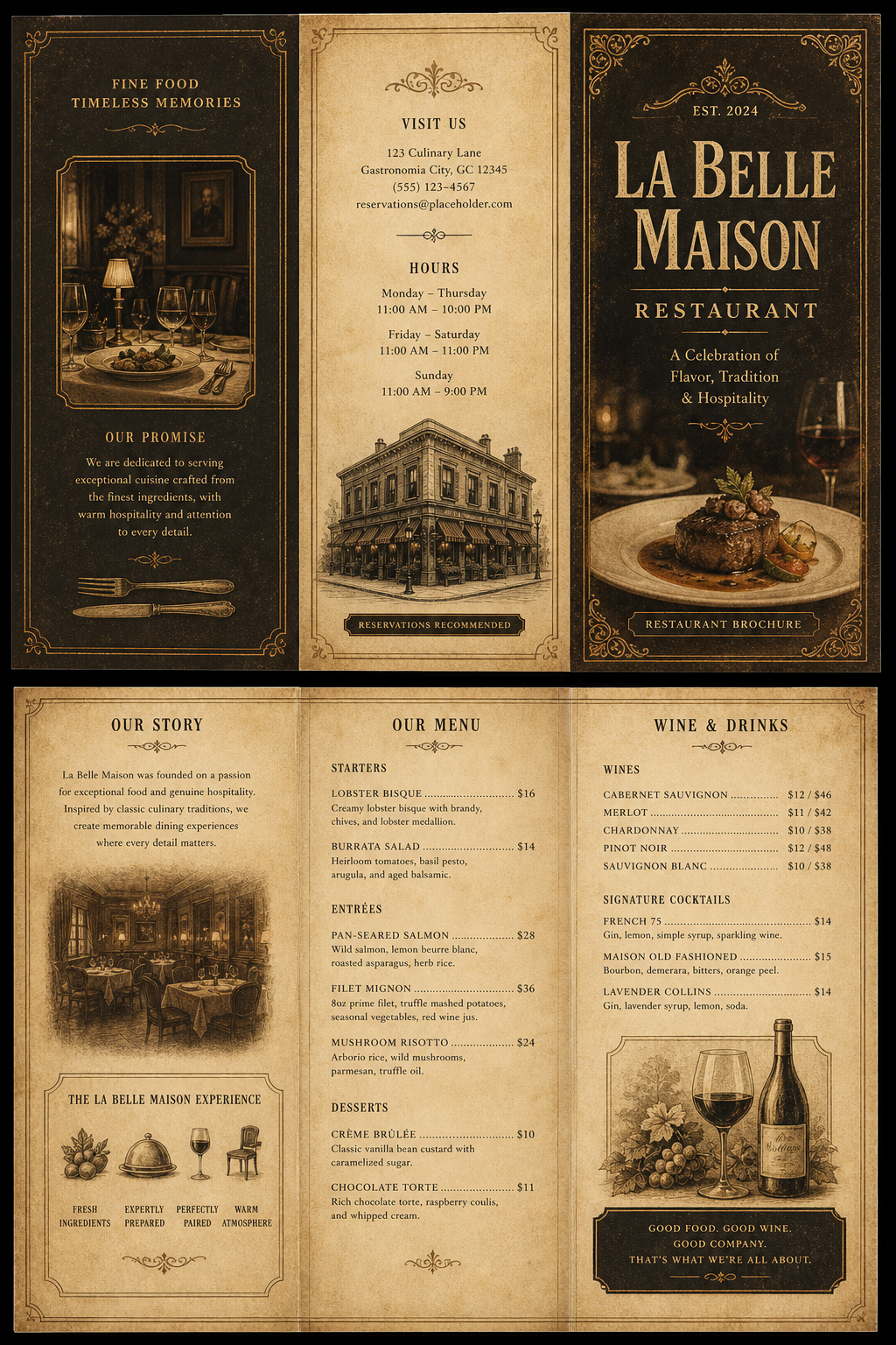 Restaurant Brochure — vintage style brochure cover, featuring culinary imagery, fine dining, elegant typography, warm gold tones