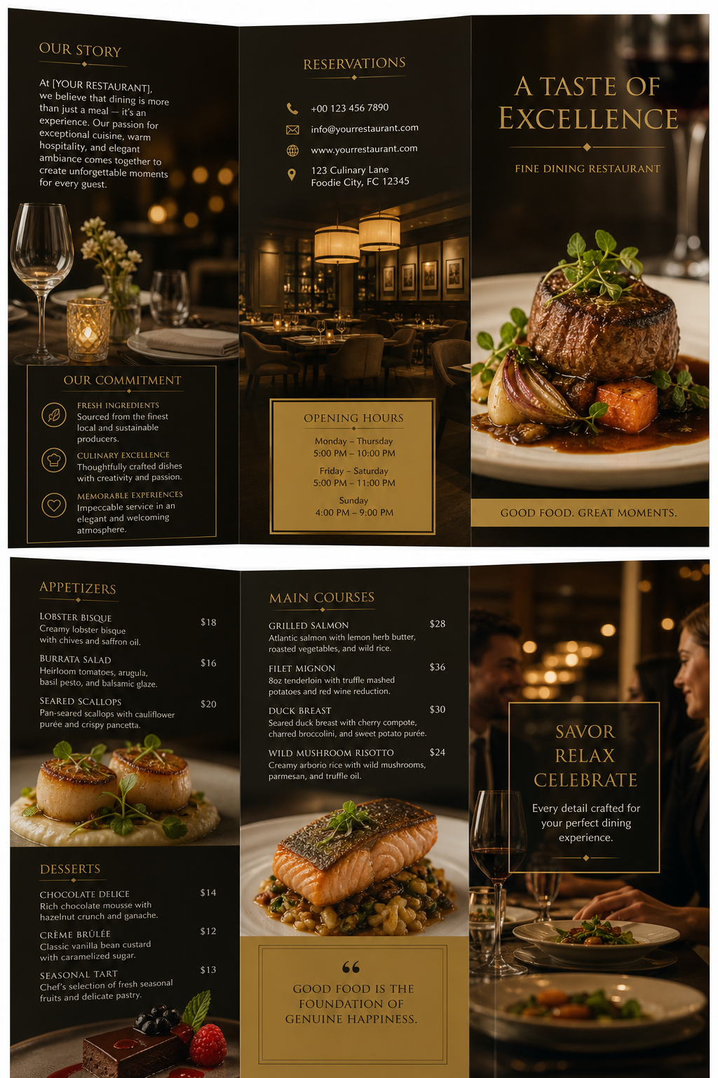 Restaurant Brochure — photo-realistic style brochure cover, featuring culinary imagery, fine dining, elegant typography, warm gold tones