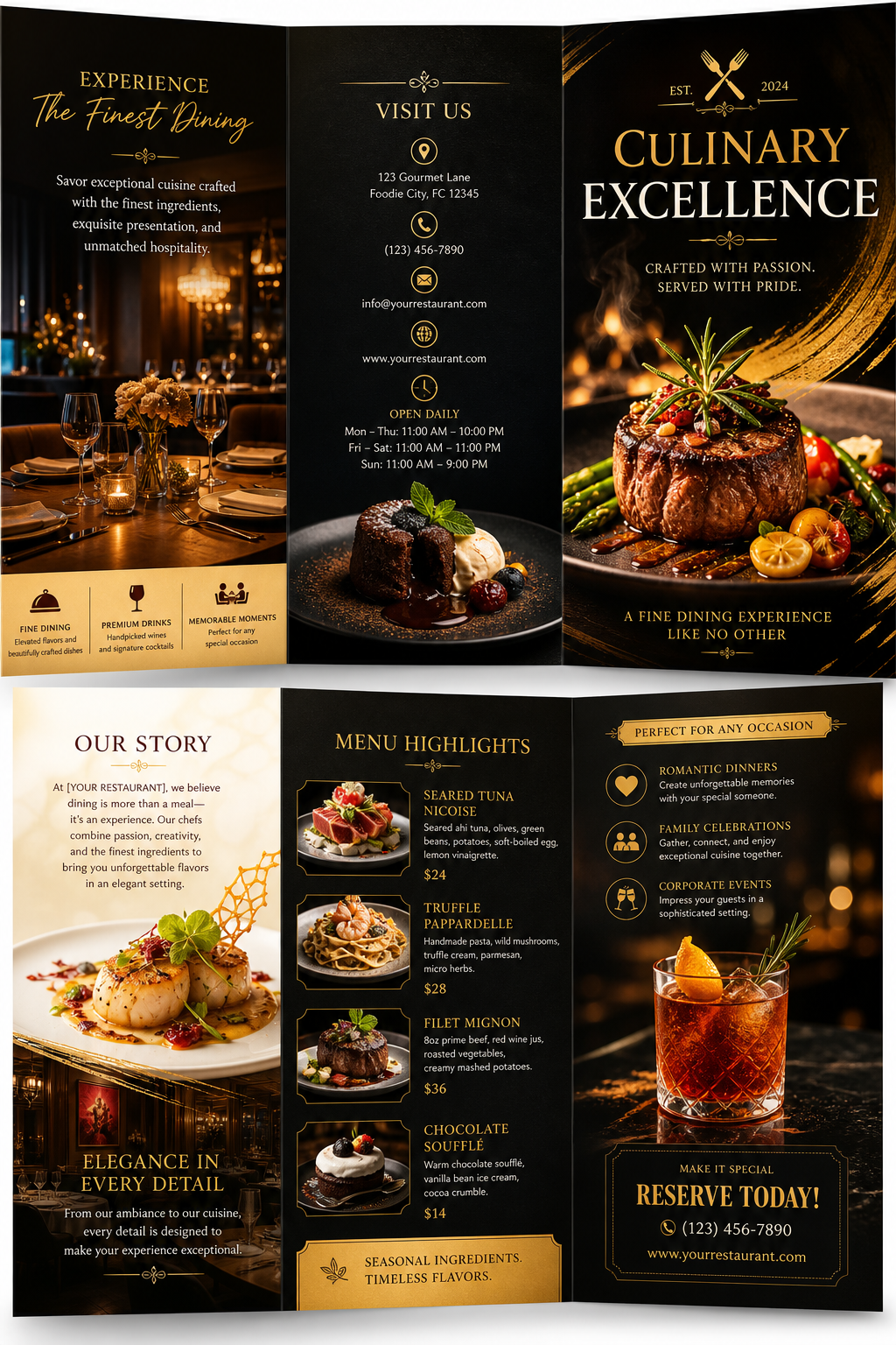 Restaurant Brochure — vibrant style brochure cover, featuring culinary imagery, fine dining, elegant typography, warm gold tones