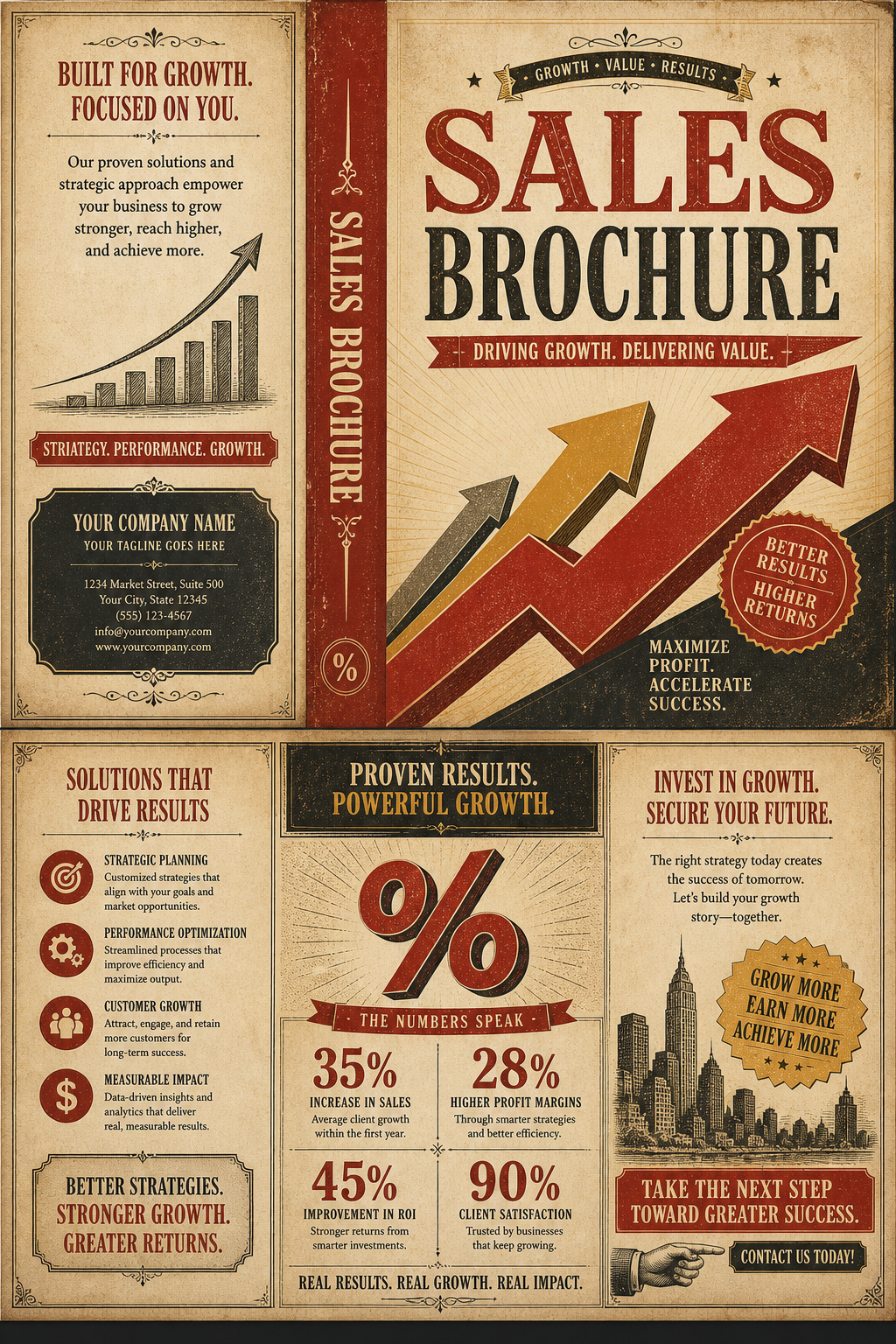 Sales Brochure — vintage style brochure cover, featuring growth arrows, percentage symbols, bold sale typography, red/yellow accents