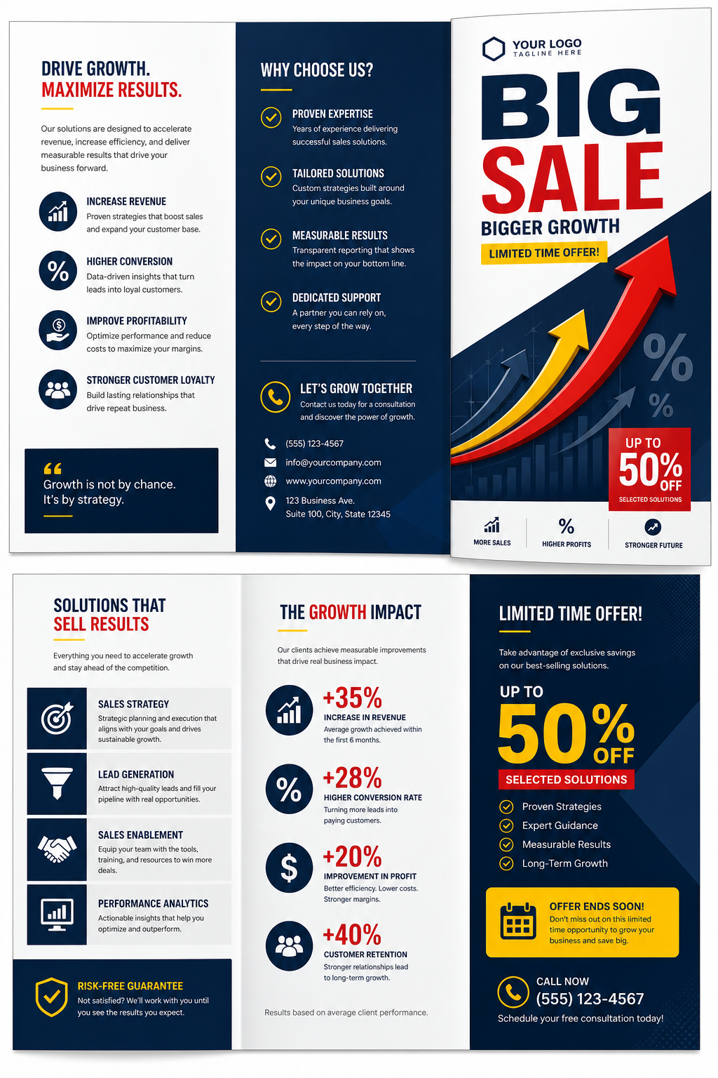 Sales Brochure — corporate style brochure cover, featuring growth arrows, percentage symbols, bold sale typography, red/yellow accents