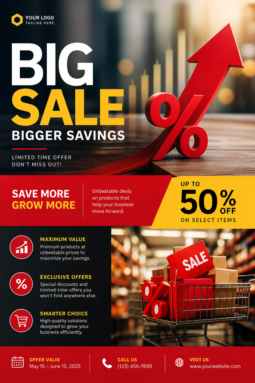 Sales Brochure — photo-realistic style brochure cover, featuring growth arrows, percentage symbols, bold sale typography, red/yellow accents